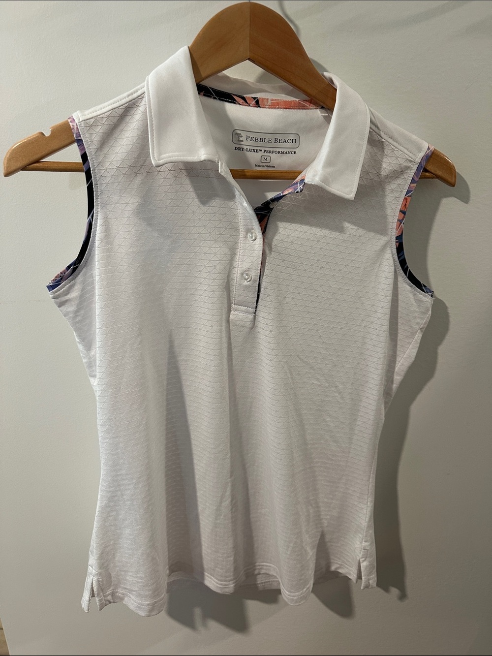 Pebble Beach White Sleeveless Polo with Floral-Trim Accents